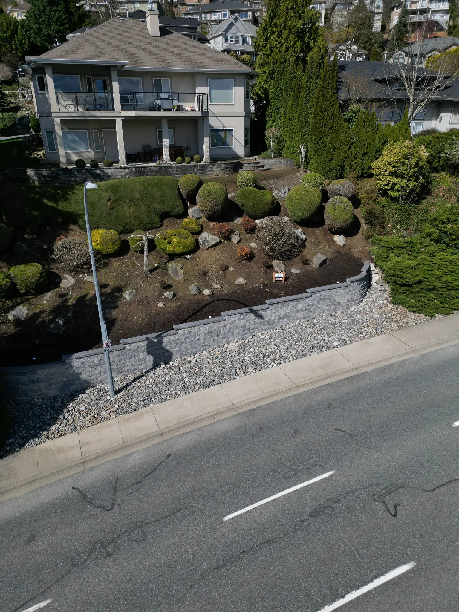 Aerial drone shot of full retaining wall project