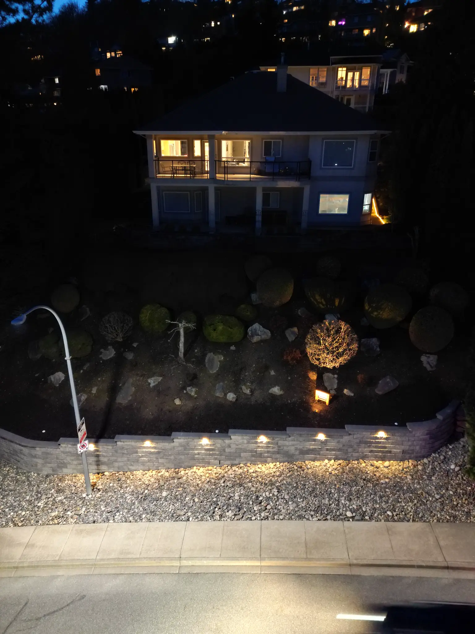 Night wide shot of retaining wall with lighting