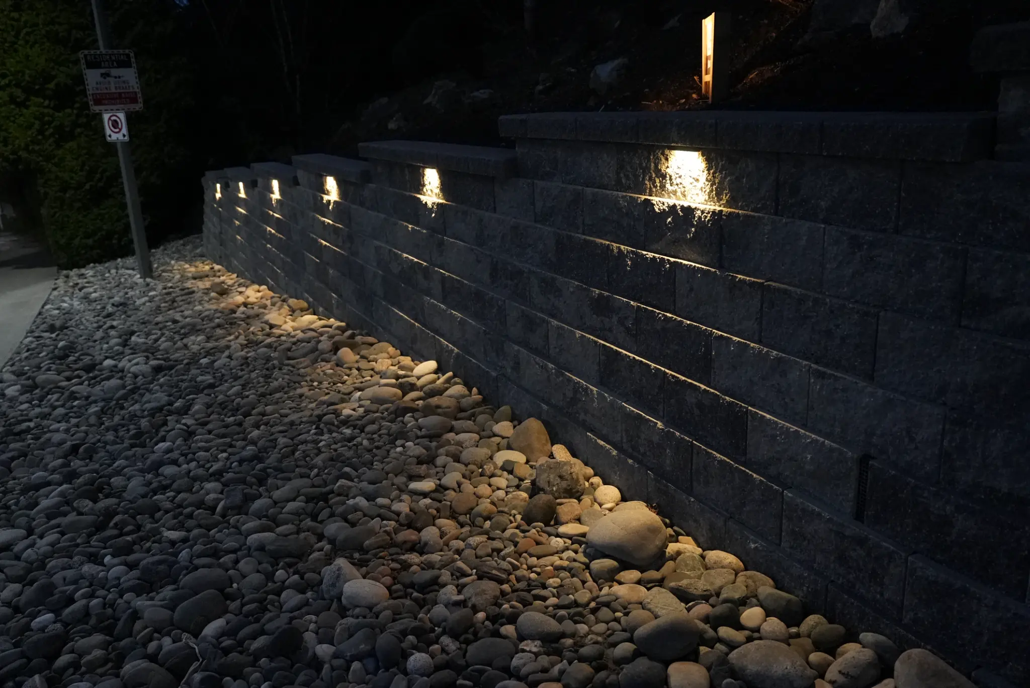 Close-up of block wall with cap lights