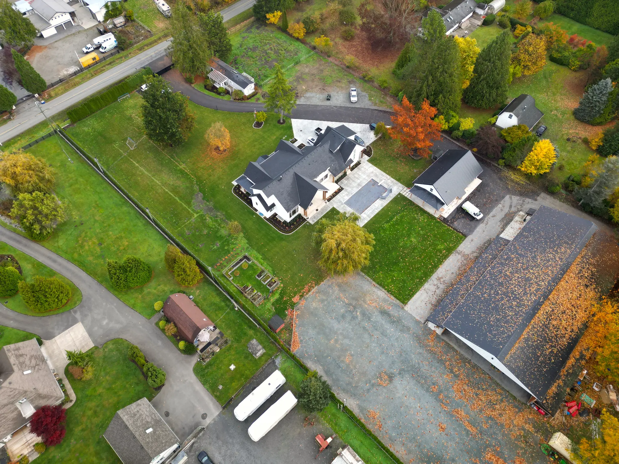 High aerial view showing the scale of the Langley mansion landscape