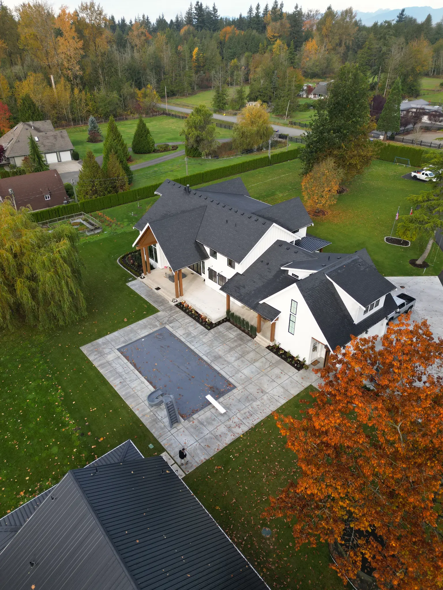 Aerial view of the completed Langley mansion landscape and expansive grounds