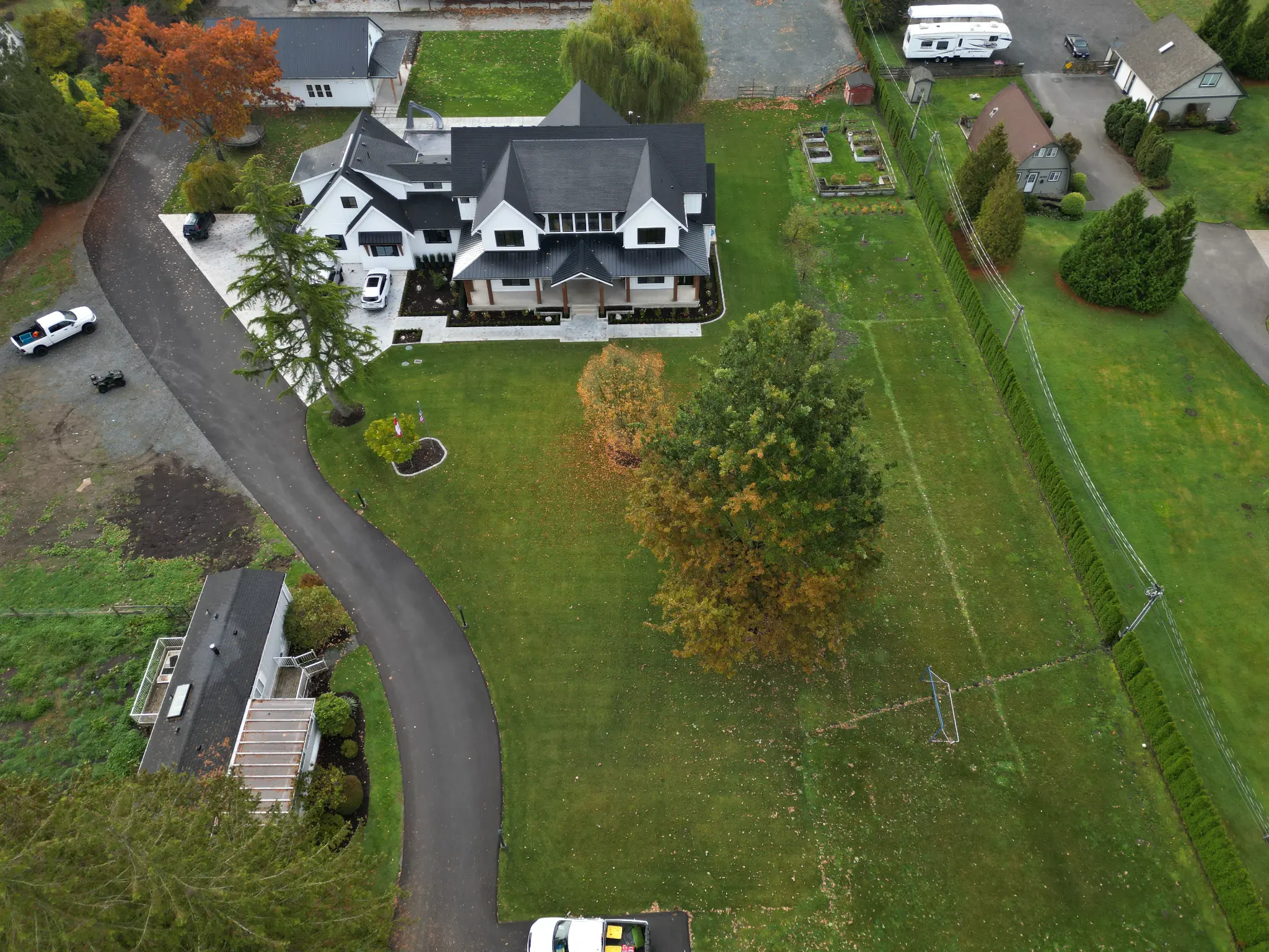 Aerial overview of the completed mansion landscaping