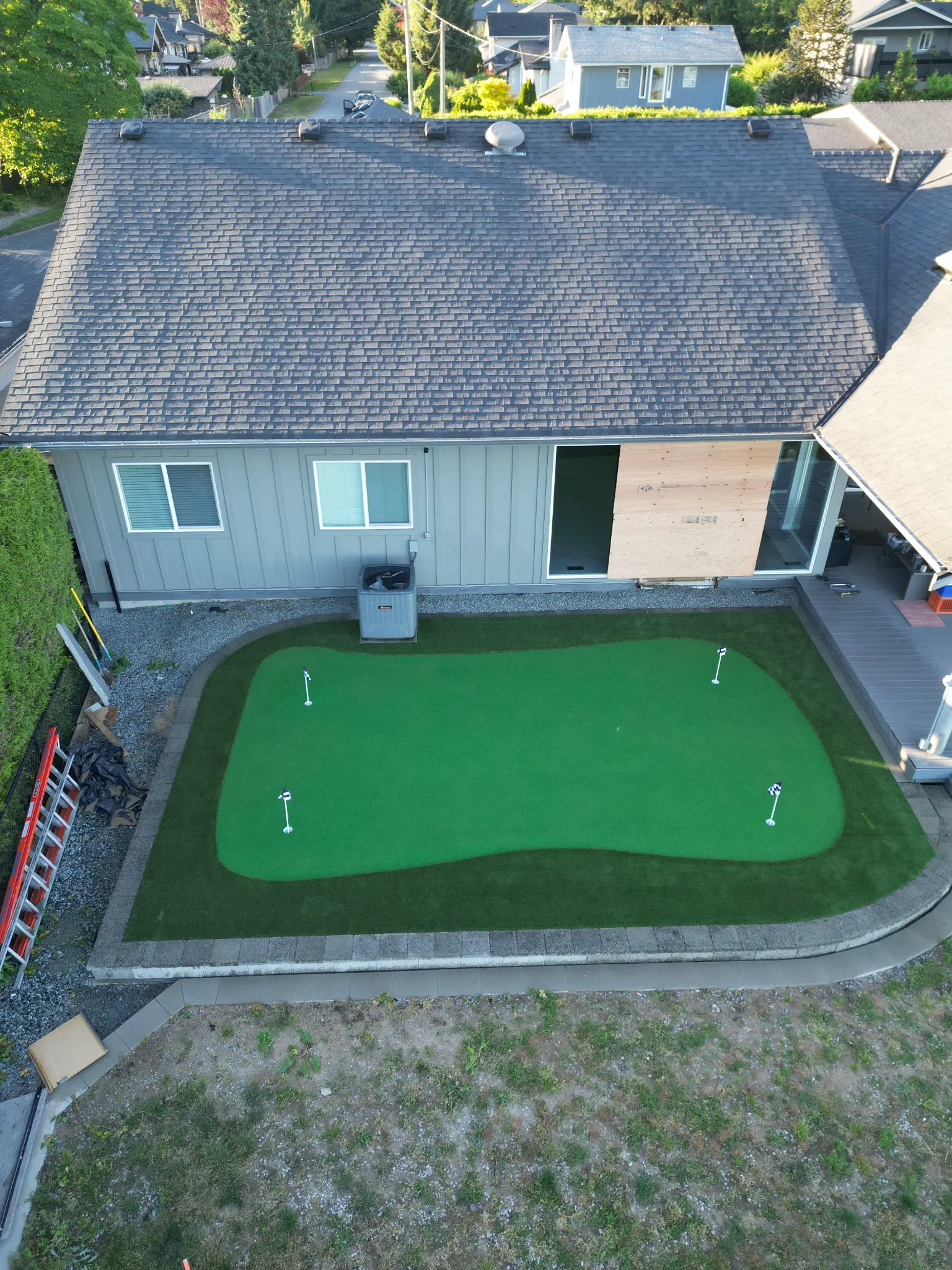 Drone view of the completed turf and structural landscaping