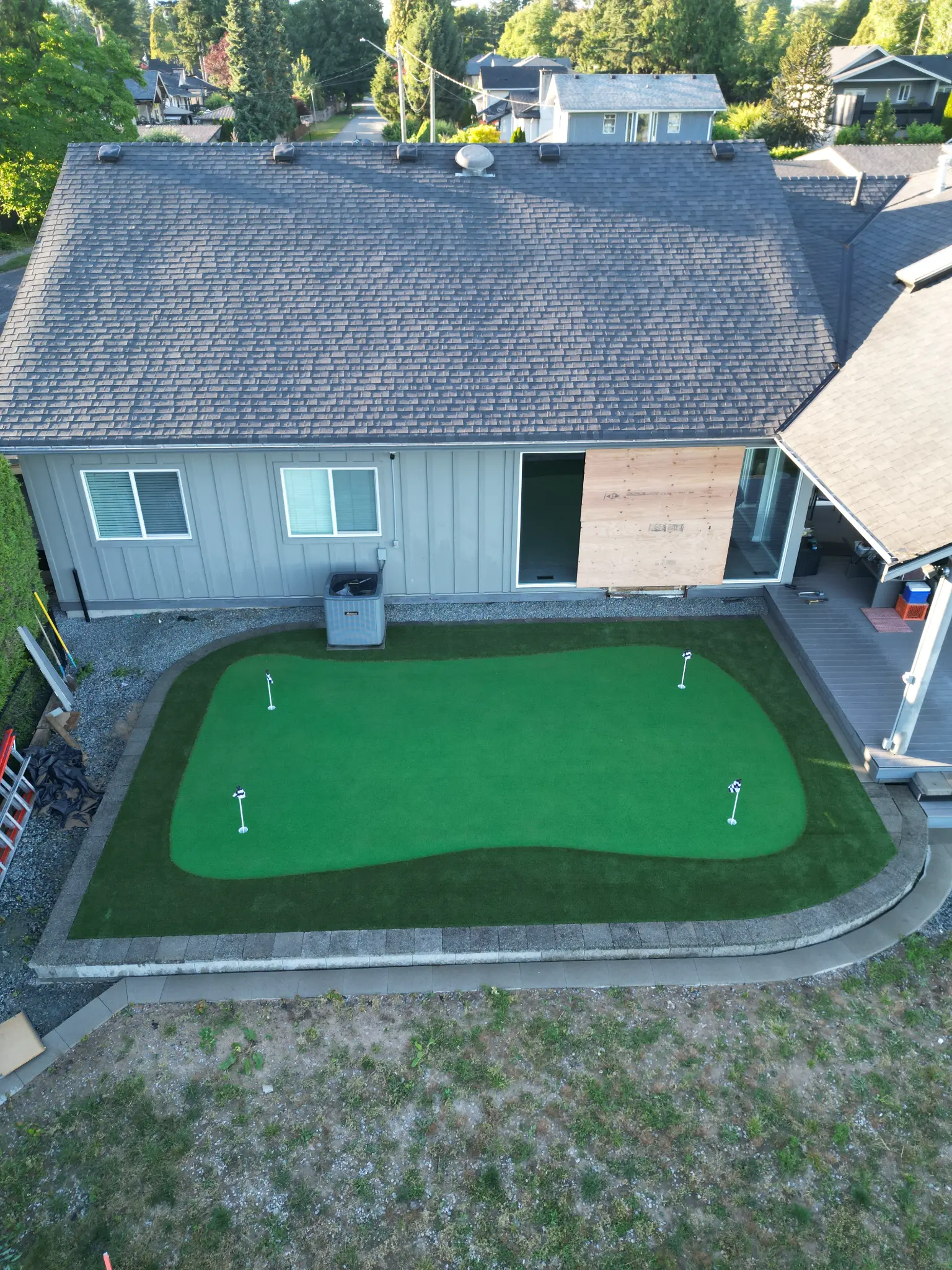 Aerial perspective of the Maple Ridge putting green and retaining walls
