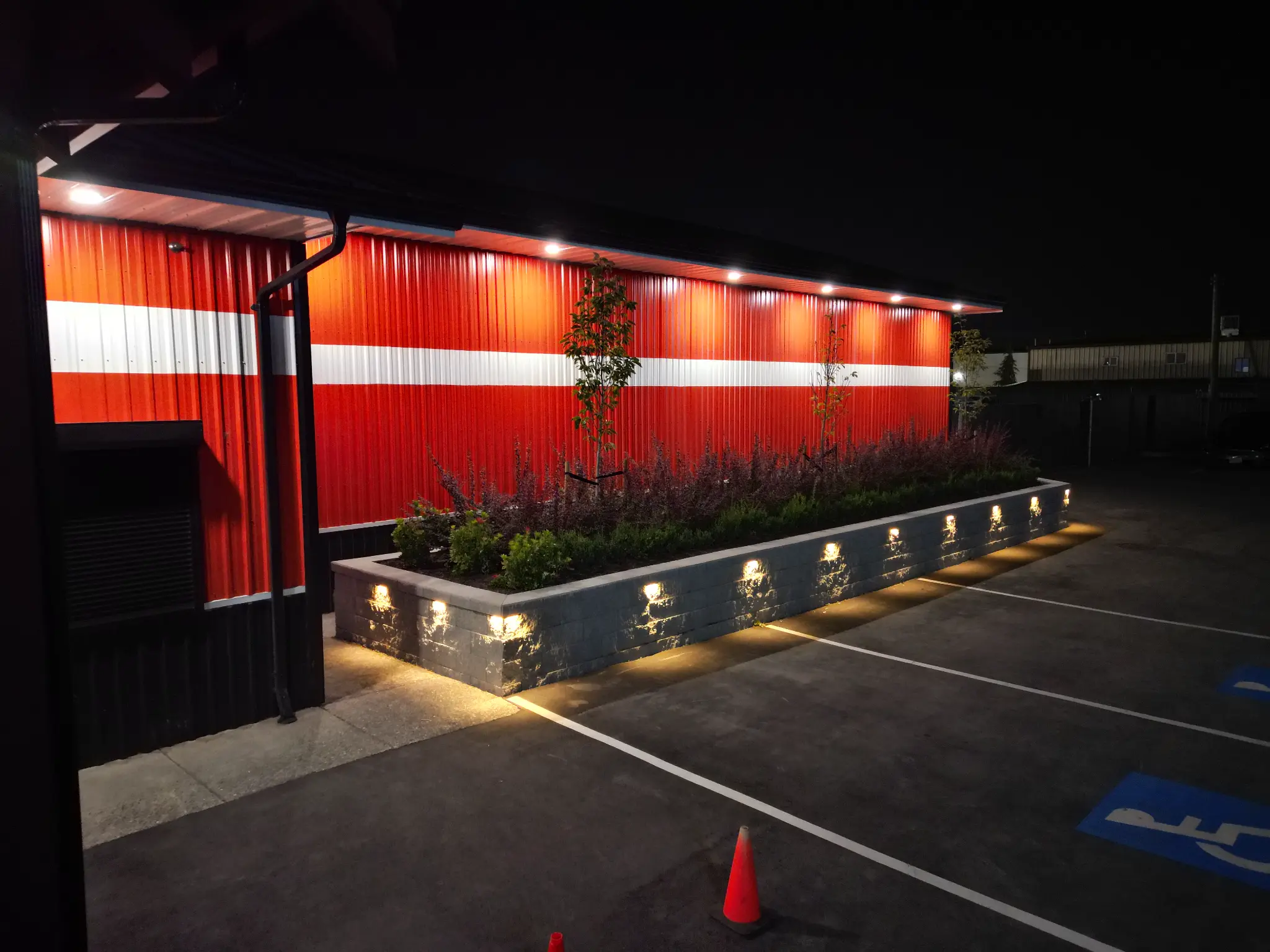 Close ground-level view of commercial plantings and illuminated retaining wall