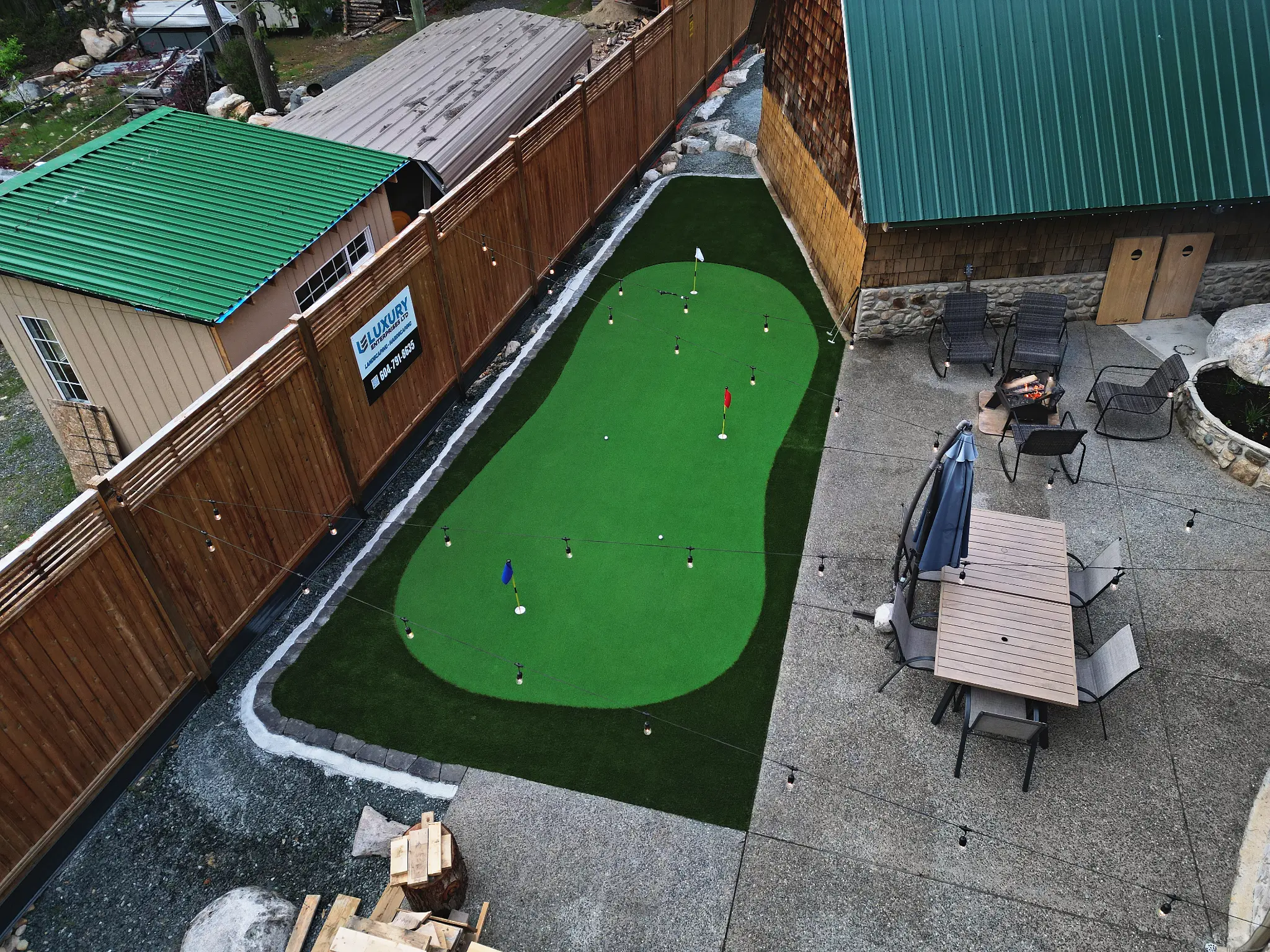 Aerial drone shot of putting green area