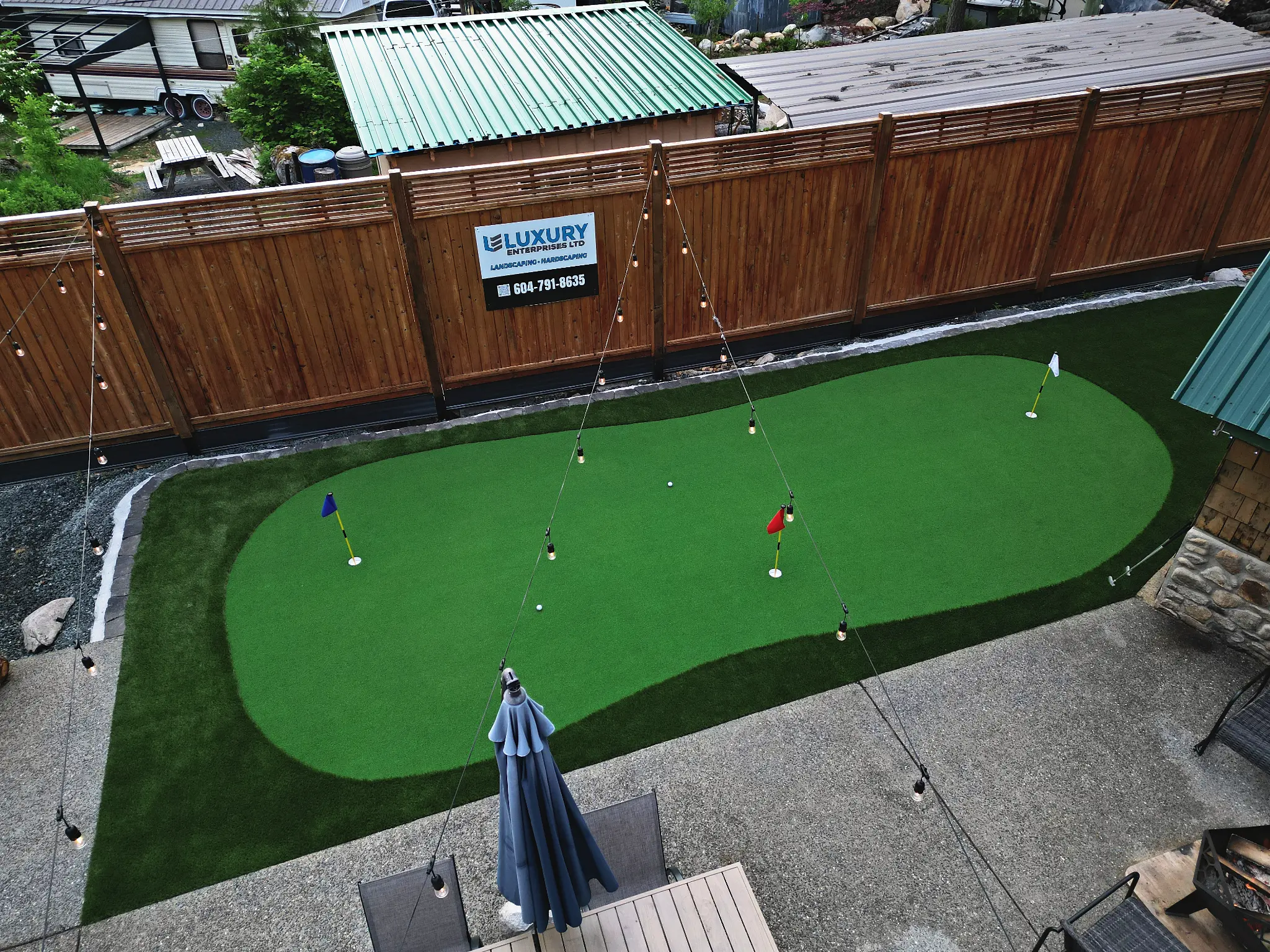 Aerial of treehouse with turf and rock
